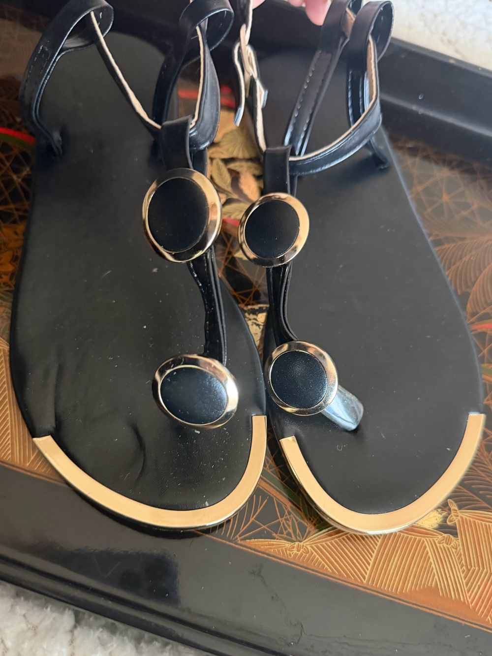 NWT Black T-Strap Leather Sandals with Gold Accents